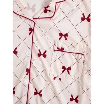 Verdusa Women's 2 Piece Pajama Sets Cute Printed Pj Set Button Up Shirts with Shorts Lounge Sleepwear Bow Beige X-Large