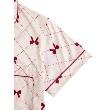Verdusa Women's 2 Piece Pajama Sets Cute Printed Pj Set Button Up Shirts with Shorts Lounge Sleepwear Bow Beige X-Large