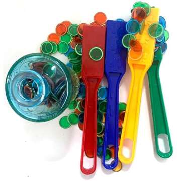 Magnetic Bingo Wand and Chips-4 Wands & 400 Chips - Plenty of Game Accessories for Senior and Family Game Nights - Educational STEM Kit for Learning/Sensory Box/Science/Counting/Sorting