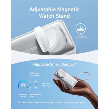 Anker MagGo Power Bank for Apple Watch, Officially Certified 10,000mAh Compact Battery Pack with Built-in USB-C Cable, 35W Max, for iPhone 15 Series, Samsung, iPad, AirPods, and More(White)