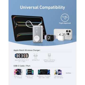 Anker MagGo Power Bank for Apple Watch, Officially Certified 10,000mAh Compact Battery Pack with Built-in USB-C Cable, 35W Max, for iPhone 15 Series, Samsung, iPad, AirPods, and More(White)