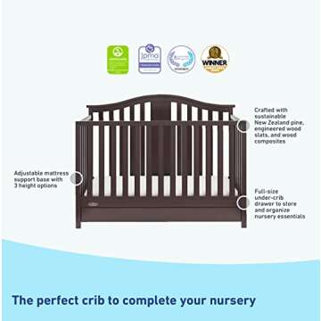Graco Solano 4-in-1 Convertible Crib with Drawer (Espresso) – GREENGUARD Gold Certified, Crib with Drawer Combo, Includes Full-Size Nursery Storage Drawer, Converts to Toddler Bed and Full-Size Bed