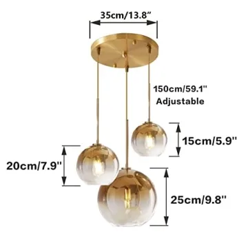 KCO Lighting Gold Cluster Pendant Light 3 Light Cluster Pendant Lighting Large Glass Pendant Lights Kitchen Island Bubble Globe Chandelier Mid Century Modern Hanging Light