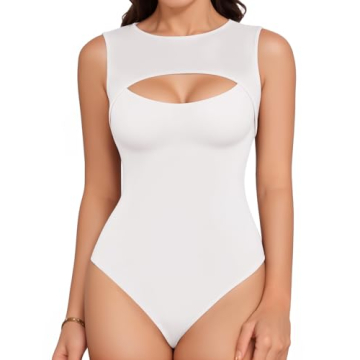 MANGOPOP Women Round Neck Sleeveless Tank Top Bodysuit with Sexy Cutout Front