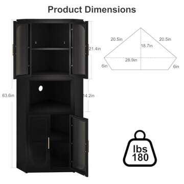 RISTERN 64" Black Metal Corner Storage Cabinet, 5-Tier Modern Fluted Side Free Standing Storage Orga...