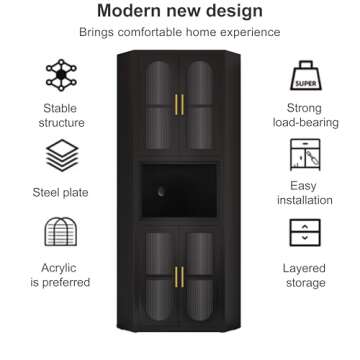 RISTERN 64" Black Metal Corner Storage Cabinet, 5-Tier Modern Fluted Side Free Standing Storage Organizer Acrylic Glass Display Cabinet for Multifunction in Living Room, Kitchen, Bedroom, Small Space