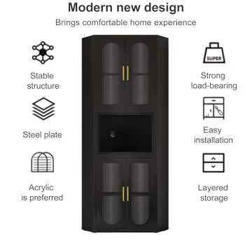 RISTERN 64" Black Metal Corner Storage Cabinet, 5-Tier Modern Fluted Side Free Standing Storage Organizer Acrylic Glass Display Cabinet for Multifunction in Living Room, Kitchen, Bedroom, Small Space