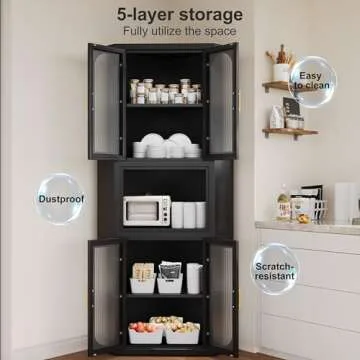 RISTERN 64" Black Metal Corner Storage Cabinet, 5-Tier Modern Fluted Side Free Standing Storage Organizer Acrylic Glass Display Cabinet for Multifunction in Living Room, Kitchen, Bedroom, Small Space