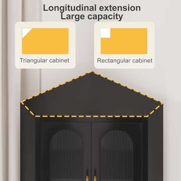 RISTERN 64" Black Metal Corner Storage Cabinet, 5-Tier Modern Fluted Side Free Standing Storage Organizer Acrylic Glass Display Cabinet for Multifunction in Living Room, Kitchen, Bedroom, Small Space