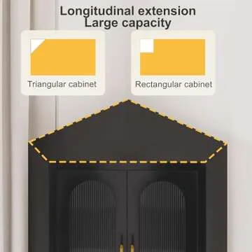 RISTERN 64" Black Metal Corner Storage Cabinet, 5-Tier Modern Fluted Side Free Standing Storage Organizer Acrylic Glass Display Cabinet for Multifunction in Living Room, Kitchen, Bedroom, Small Space