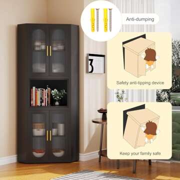 RISTERN 64" Black Metal Corner Storage Cabinet, 5-Tier Modern Fluted Side Free Standing Storage Organizer Acrylic Glass Display Cabinet for Multifunction in Living Room, Kitchen, Bedroom, Small Space