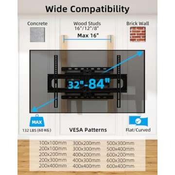 HOME VISION TV Wall Mount Full Motion, 32-84 inch TVs up to 132 lbs, VESA 600x400mm
