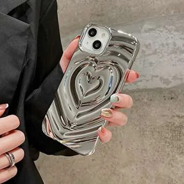 iPhone 12 12 Pro Love Heart Case, Fashion Cute Soft Silicone Electroplate Silver 3D Heart Water Ripple Bling Glitter Shockproof Women Girls Case Cover for iPhone 12 12 Pro