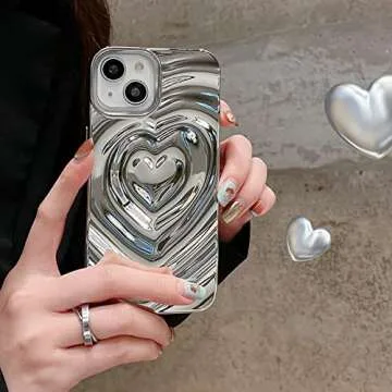 iPhone 12 12 Pro Love Heart Case, Fashion Cute Soft Silicone Electroplate Silver 3D Heart Water Ripple Bling Glitter Shockproof Women Girls Case Cover for iPhone 12 12 Pro