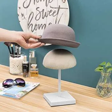MyGift Premium Metal Tabletop Hat and Wig Display Stand with Adjustable Height and Fabric Covered Do...
