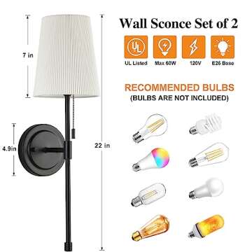 Wall Sconces Set of 2, Retro Industrial Wall Lamps with Pull Chain, Hardwired Bathroom Vanity Sconces Wall Lighting with White Fabric Shade, Indoor Wall Lights for Bedroom Living Room Corridor