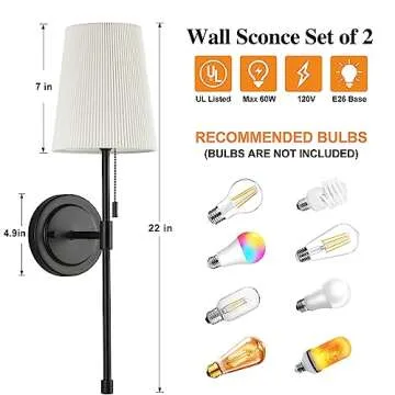 Wall Sconces Set of 2, Retro Industrial Wall Lamps with Pull Chain, Hardwired Bathroom Vanity Sconces Wall Lighting with White Fabric Shade, Indoor Wall Lights for Bedroom Living Room Corridor