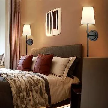 Wall Sconces Set of 2, Retro Industrial Wall Lamps with Pull Chain, Hardwired Bathroom Vanity Sconces Wall Lighting with White Fabric Shade, Indoor Wall Lights for Bedroom Living Room Corridor