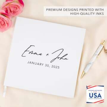 Andaz Press Personalized Wedding Guestbook with Gold Accents, Minimal Custom Guestbook, White Guest Sign-in Registry, 120 Pages 8.5" X 8.5" Wedding Guest Book Photo Album, Custom Guest Book