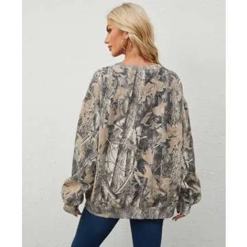 Eutten Womens Camo Sweatshirt Maple Leaf Print Oversized Camo Crewneck Sweatshirt Fleece Pullover Hoodies Long Sleeve