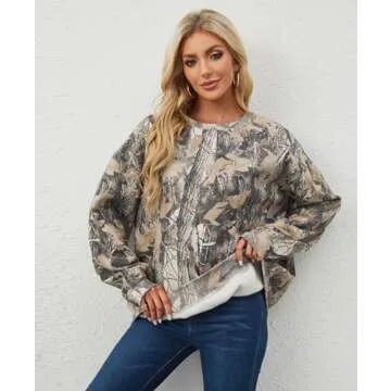 Eutten Womens Camo Sweatshirt Maple Leaf Print Oversized Camo Crewneck Sweatshirt Fleece Pullover Hoodies Long Sleeve