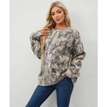 Eutten Womens Camo Sweatshirt Maple Leaf Print Oversized Camo Crewneck Sweatshirt Fleece Pullover Hoodies Long Sleeve