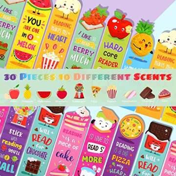 Eersida 30 Pieces Scratch and Sniff Scented Bookmarks Kids Fruit Food Theme Sayings Bookmarks Sayings Assorted Cute Scented Gifts for Students Teens Food Lovers, 10 Styles