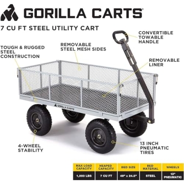 Gorilla Carts 1000 Lb Steel Utility Garden Wagon Heavy-Duty