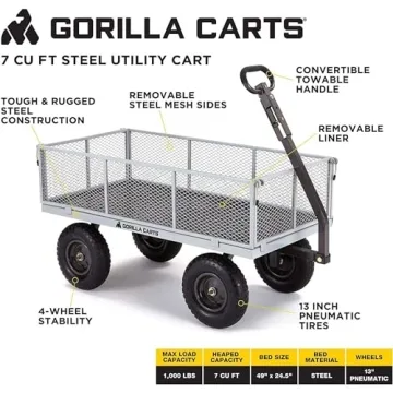 Gorilla Carts 1000 Lb Steel Utility Garden Wagon Heavy-Duty
