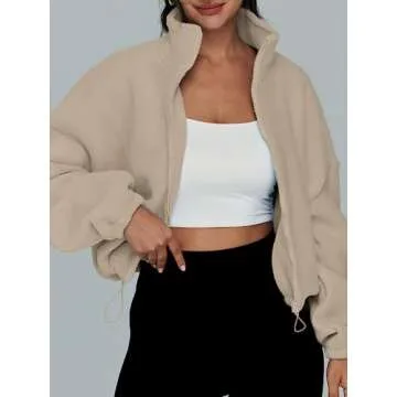 AUTOMET Womens Fleece Jackets Zip Up Oversized Sweatshirts Winter Clothes Long Sleeve Crop Sherpa Fall Outfits Fashion Khaki M