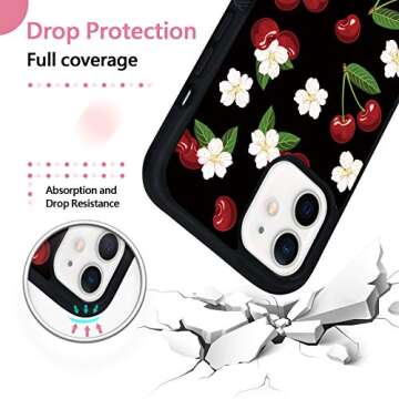 Cherry Fruit Phone Case for iPhone 12/12 Pro 6.1 Inch - Shockproof Protective Cute Cool Flower Sakura Phone Case Designed for iPhone 12 Case for Girls Boys Teens Women Black Red White