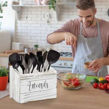 LADESIGGN Kitchen Utensil Holder with 2 Compartments - Rustic Farmhouse Decor