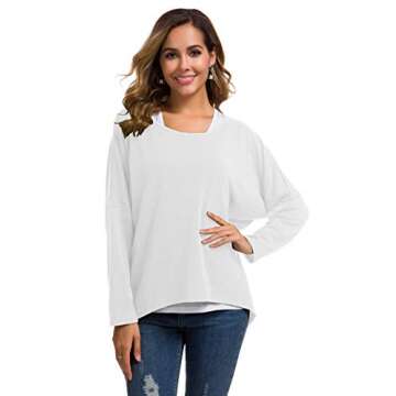 UGET Women's Oversized Baggy Tops Off Shoulder Loose Fitting Pullover Casual Blouse T-Shirt Sweater Long Batwing Sleeve Small White