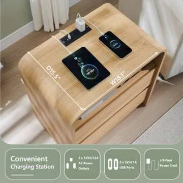 Aitjunz 25" Tall Modern Nightstand with Charging Station, 23.6'' Wide Wood Bedside Table w/2 Storage Drawers, Large Mid Century End Table for Bedroom, Living Room, Curved Profile Design,Natural Oak