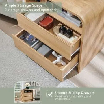 Aitjunz 25" Tall Modern Nightstand with Charging Station, 23.6'' Wide Wood Bedside Table w/2 Storage Drawers, Large Mid Century End Table for Bedroom, Living Room, Curved Profile Design,Natural Oak