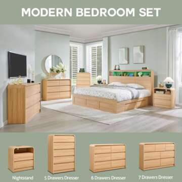 Aitjunz 25" Tall Modern Nightstand with Charging Station, 23.6'' Wide Wood Bedside Table w/2 Storage Drawers, Large Mid Century End Table for Bedroom, Living Room, Curved Profile Design,Natural Oak