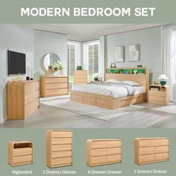 Aitjunz 25" Tall Modern Nightstand with Charging Station, 23.6'' Wide Wood Bedside Table w/2 Storage Drawers, Large Mid Century End Table for Bedroom, Living Room, Curved Profile Design,Natural Oak