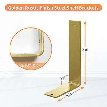 Gold Heavy Duty Shelf Brackets 8 x 6 Inch, Extra Thick L Shelving Brackets, Rustic Gold Iron Floatin...