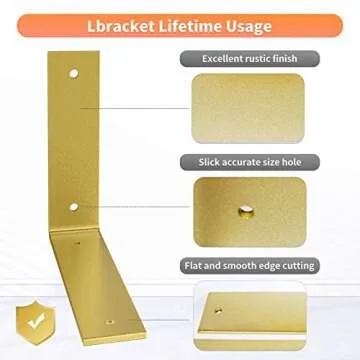 Gold Heavy Duty Shelf Brackets 8 x 6 Inch, Extra Thick L Shelving Brackets, Rustic Gold Iron Floating Shelves Wall Mounted with Hardware for DIY Open Shelving, 4 Pack