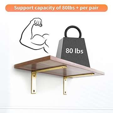 Gold Heavy Duty Shelf Brackets 8 x 6 Inch, Extra Thick L Shelving Brackets, Rustic Gold Iron Floating Shelves Wall Mounted with Hardware for DIY Open Shelving, 4 Pack