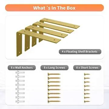 Gold Heavy Duty Shelf Brackets 8 x 6 Inch, Extra Thick L Shelving Brackets, Rustic Gold Iron Floating Shelves Wall Mounted with Hardware for DIY Open Shelving, 4 Pack