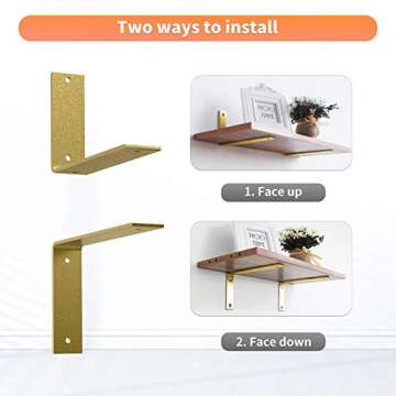Gold Heavy Duty Shelf Brackets 8 x 6 Inch, Extra Thick L Shelving Brackets, Rustic Gold Iron Floating Shelves Wall Mounted with Hardware for DIY Open Shelving, 4 Pack