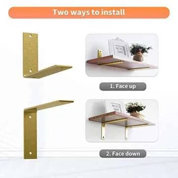 Gold Heavy Duty Shelf Brackets 8 x 6 Inch, Extra Thick L Shelving Brackets, Rustic Gold Iron Floating Shelves Wall Mounted with Hardware for DIY Open Shelving, 4 Pack
