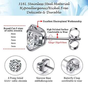 Top Plaza Silver Stainless Steel Stud Earrings for Women Men Round Cubic Zirconia Hypoallergenic CZ Stud Earring Set 3mm-8mm
