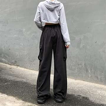 Linsennia Parachute Pants for Womens Wide Leg Cargo Pants Y2k with Pockets Baggy Casual Harajuku Streetwear Goth