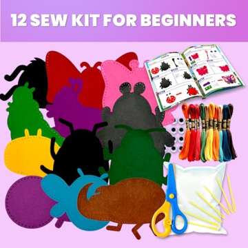 QUOKKA Kids Crafts Ages 4-8, DIY Beginner Needle and Thread Kit - 12 Bugs & Insects Sewing Kit Basic...