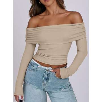 ANRABESS Womens Long Sleeve Off Shoulder Shirts Tight Fitted Going Out Y2K Sexy Ruched Tee Tops Blou...