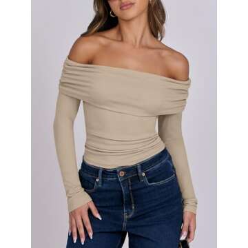 ANRABESS Womens Long Sleeve Off Shoulder Shirts Tight Fitted Going Out Y2K Sexy Ruched Tee Tops Blouses 2024 Trendy Outfits Khaki Small
