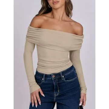 ANRABESS Womens Long Sleeve Off Shoulder Shirts Tight Fitted Going Out Y2K Sexy Ruched Tee Tops Blouses 2024 Trendy Outfits Khaki Small