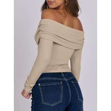 ANRABESS Womens Long Sleeve Off Shoulder Shirts Tight Fitted Going Out Y2K Sexy Ruched Tee Tops Blouses 2024 Trendy Outfits Khaki Small